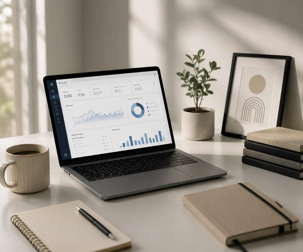 Digital marketing workspace with laptop displaying analytics dashboard